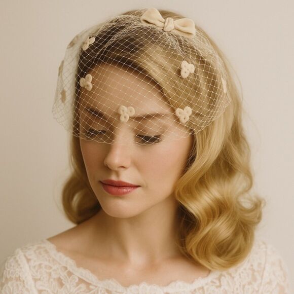 Vintage 1960s Taupe Net Veil Headpiece with Velvet Bows & Appliqué Bridal Hat - Picture 1 of 10